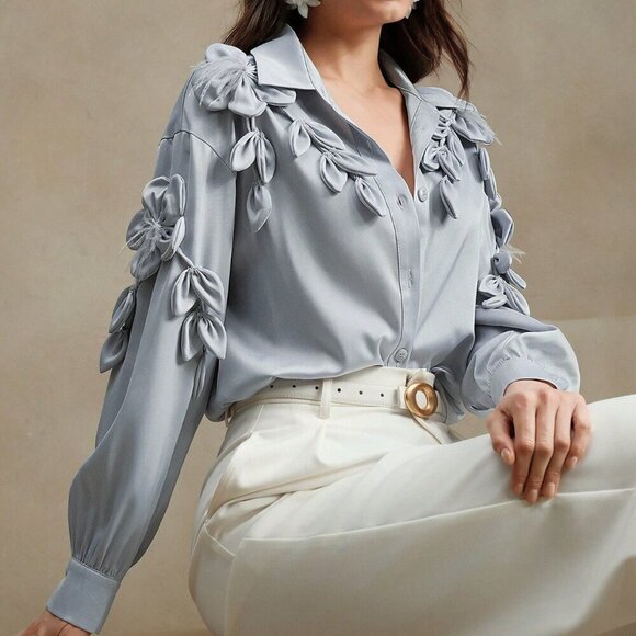 Blue Elegant Women's Loose 3d Floral Turndown Collar Long Sleeve Blouse - Picture 3 of 7